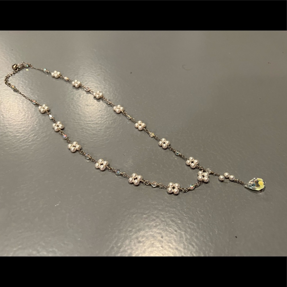 Pearl and crystal silver lariat necklace